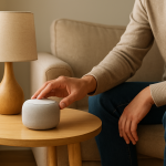 Person adjusting a smart speaker in a living room near a couch and lamp