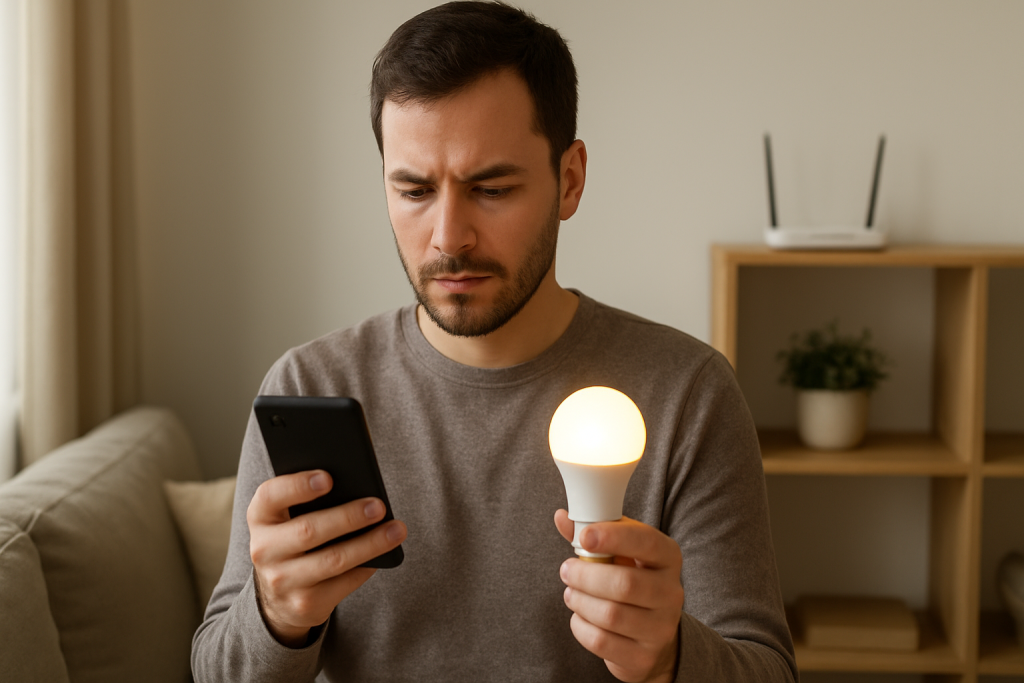 person checking smart bulb and phone near router in living room