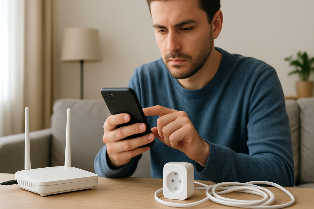 person troubleshooting smart lights and plugs near home router