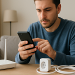 person troubleshooting smart lights and plugs near home router