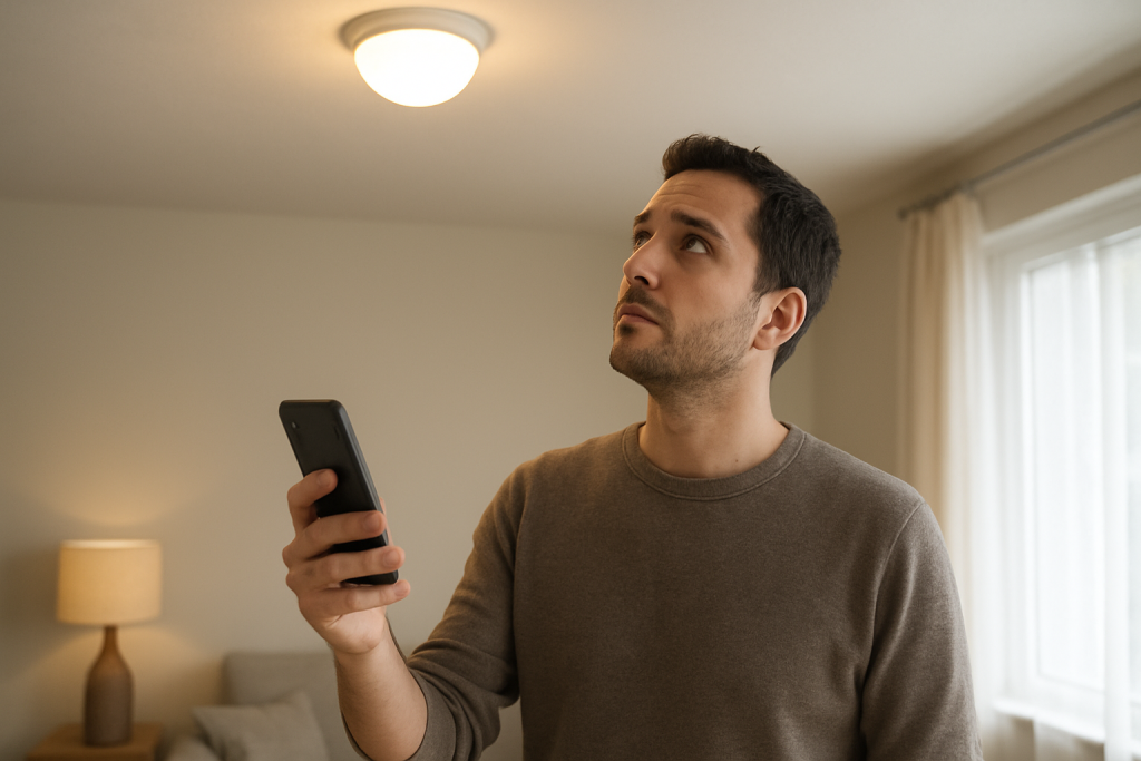 person troubleshooting a smart bulb with a lamp and smartphone nearby
