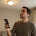 person troubleshooting a smart bulb with a lamp and smartphone nearby