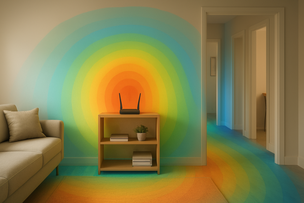 home with wireless router and weak signal areas in different rooms