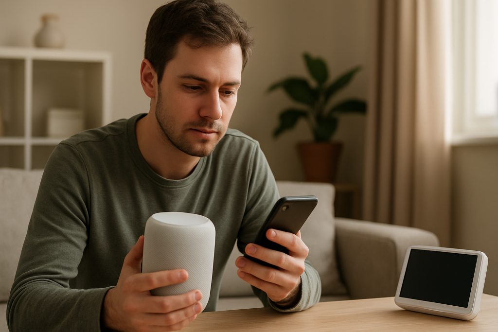 person checking smart speaker and smartphone in living room setup