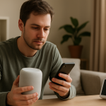 person checking smart speaker and smartphone in living room setup