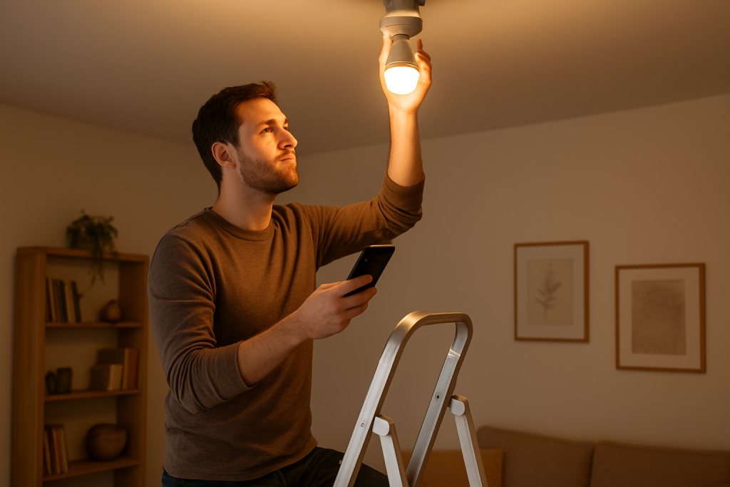 Person troubleshooting a smart bulb with smartphone in living room