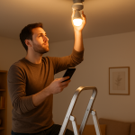 Person troubleshooting a smart bulb with smartphone in living room