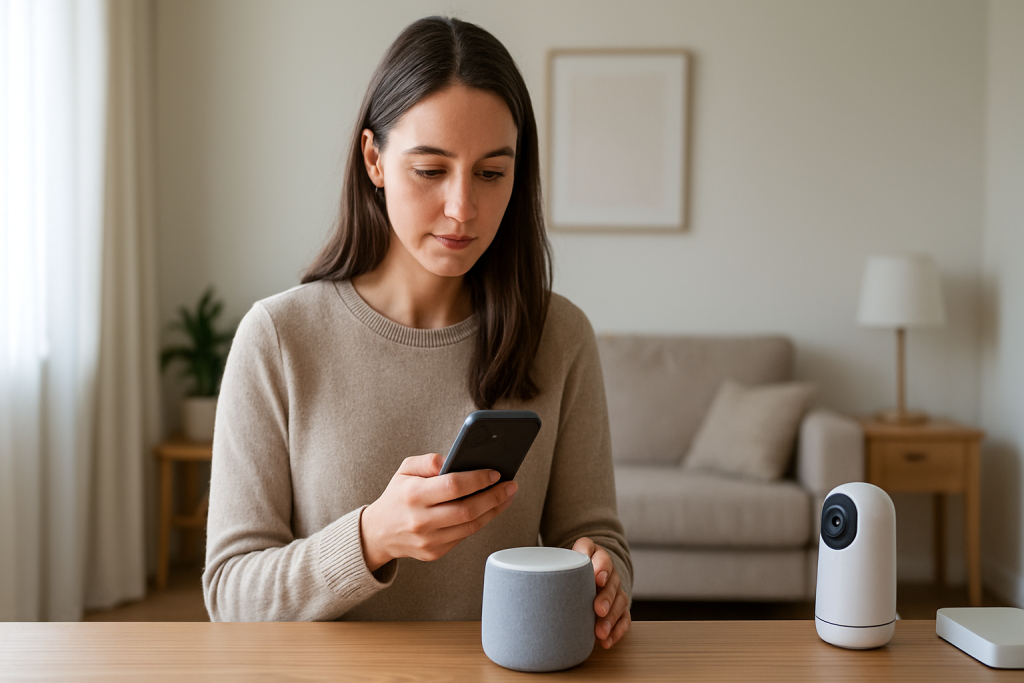 person checking smart speaker and phone settings in a living room