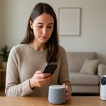 person checking smart speaker and phone settings in a living room