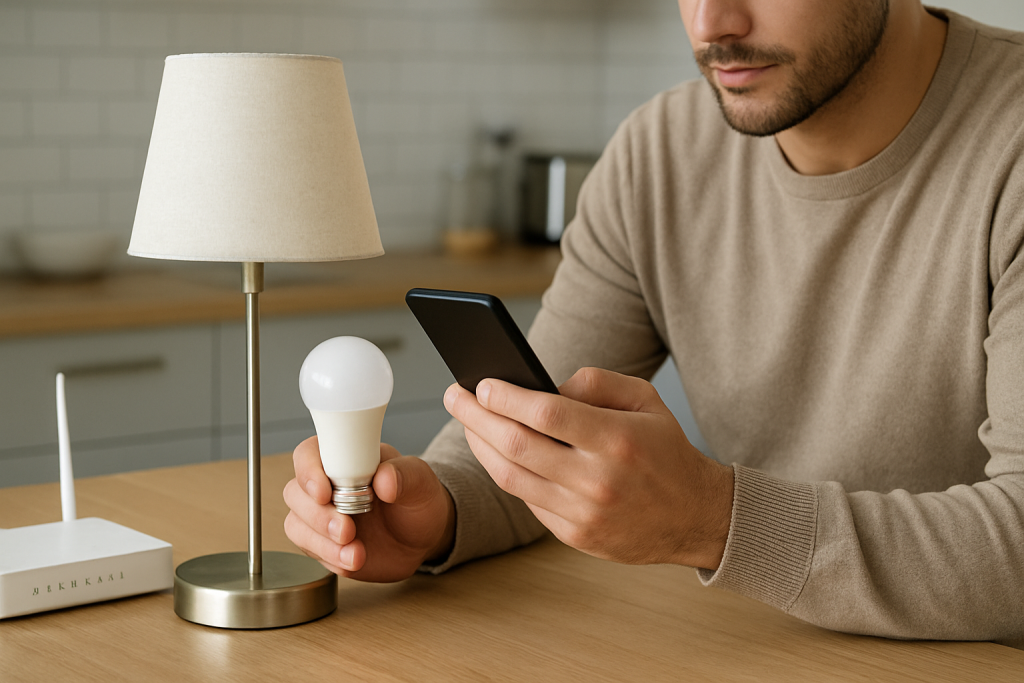 person troubleshooting a home smart bulb beside a lamp and smartphone