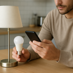 person troubleshooting a home smart bulb beside a lamp and smartphone
