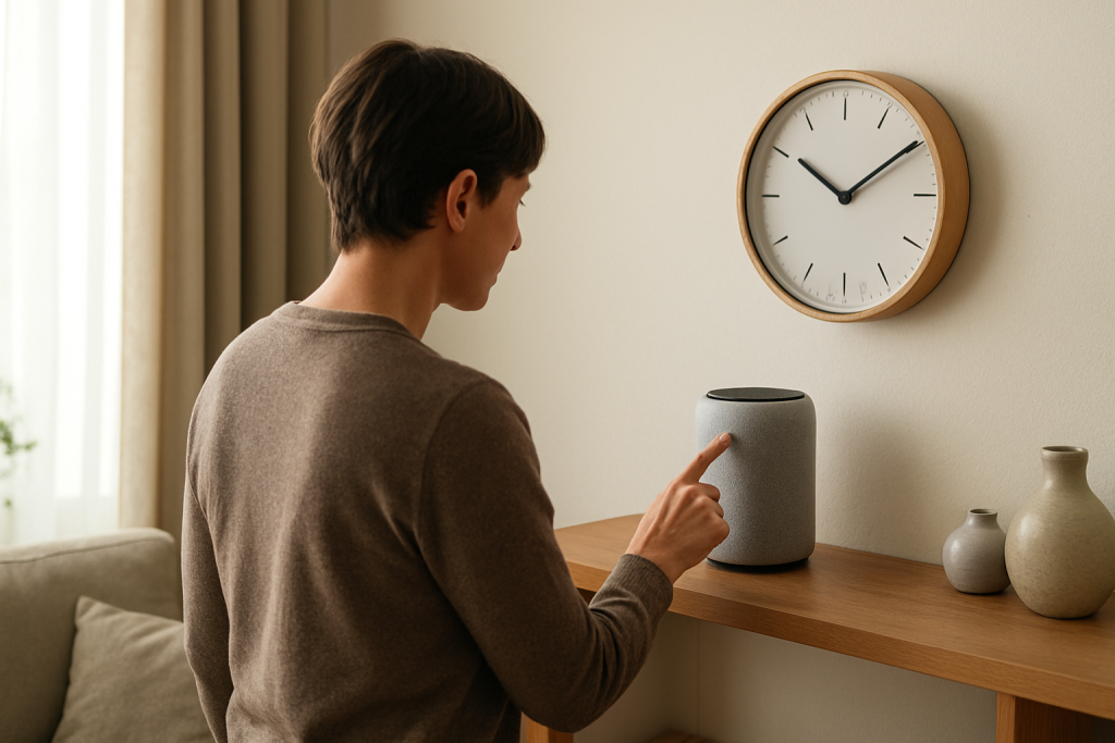 person checking smart speaker settings near a clock in living room