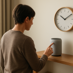 person checking smart speaker settings near a clock in living room