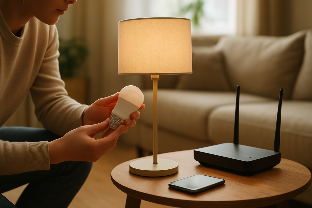person checking a smart bulb and a home hub on a table