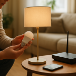 person checking a smart bulb and a home hub on a table
