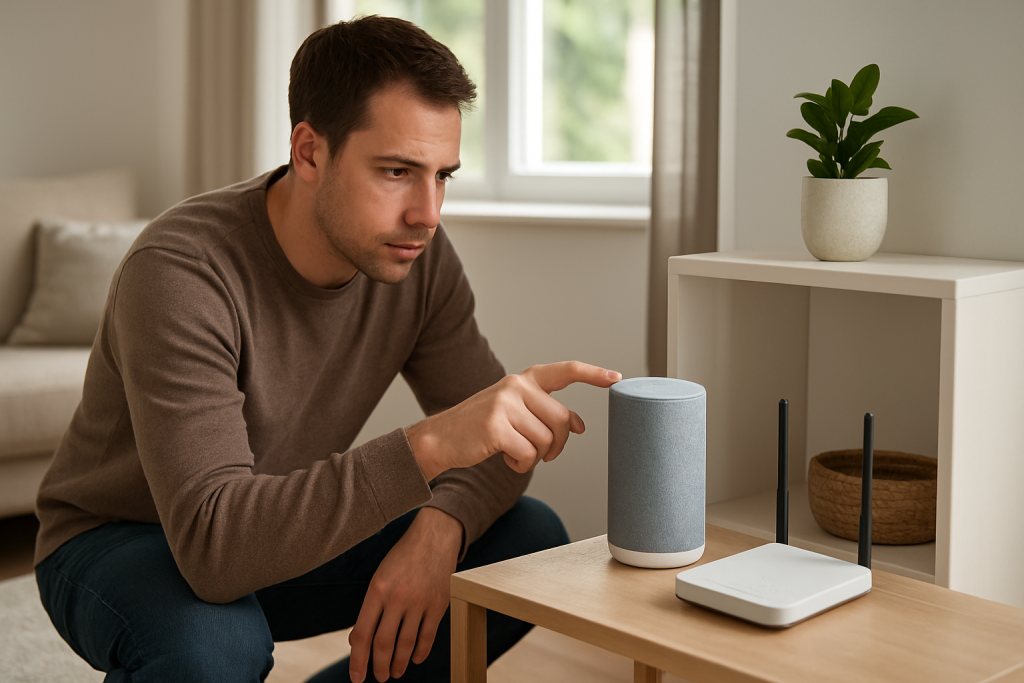 person troubleshooting a smart speaker with router and laptop nearby