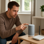 person troubleshooting a smart speaker with router and laptop nearby