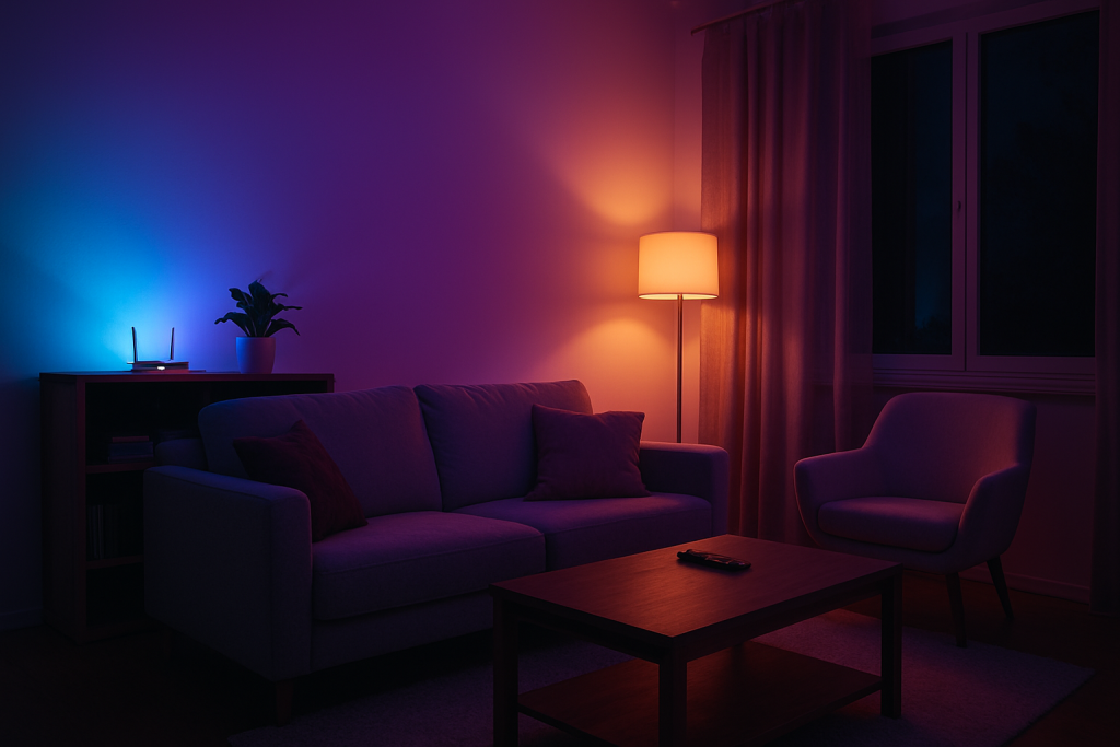 room with smart lights dimmed at night and visible router light