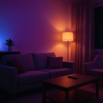 room with smart lights dimmed at night and visible router light