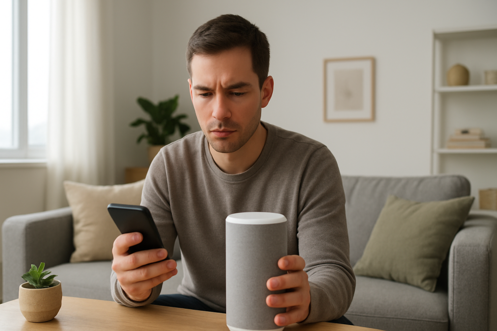 person troubleshooting a smart speaker with phone in a living room