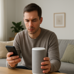 person troubleshooting a smart speaker with phone in a living room