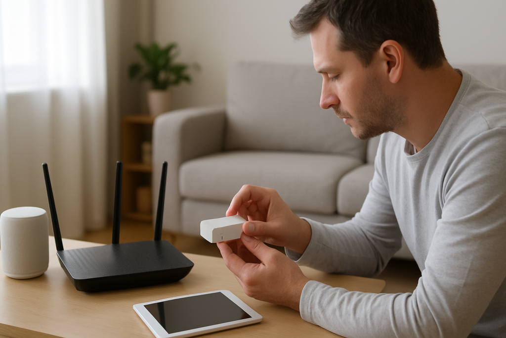 Person checking home router and smart devices on a table