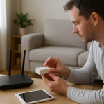 Person checking home router and smart devices on a table