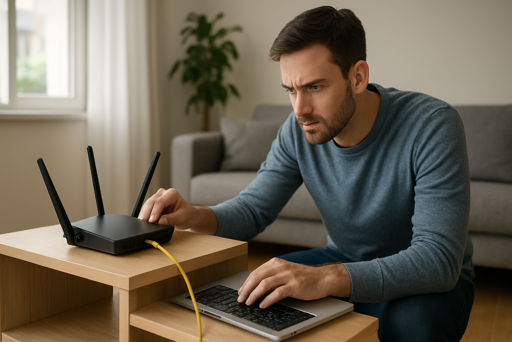 person checking home router and laptop connection troubleshooting