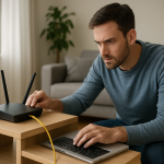 person checking home router and laptop connection troubleshooting