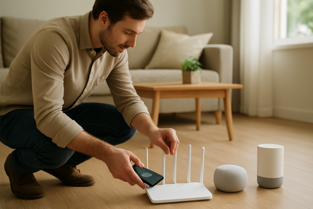 person repositioning router and smart devices in a living room to improve signal