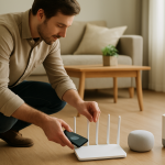 person repositioning router and smart devices in a living room to improve signal