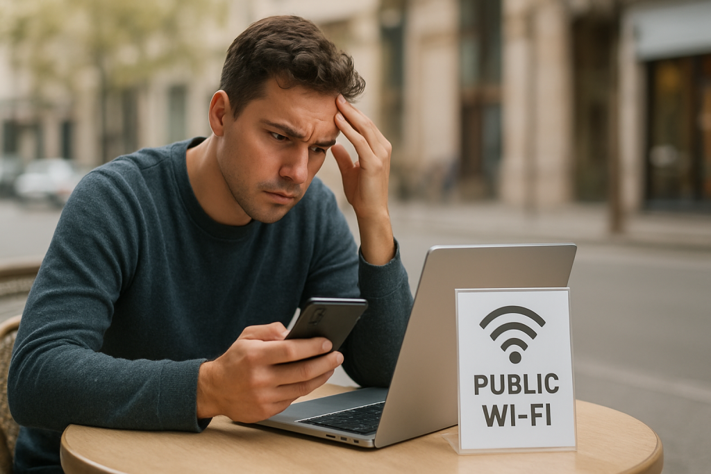 person troubleshooting laptop connected to public wifi hotspot outdoors