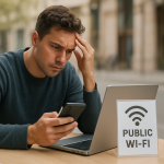 person troubleshooting laptop connected to public wifi hotspot outdoors