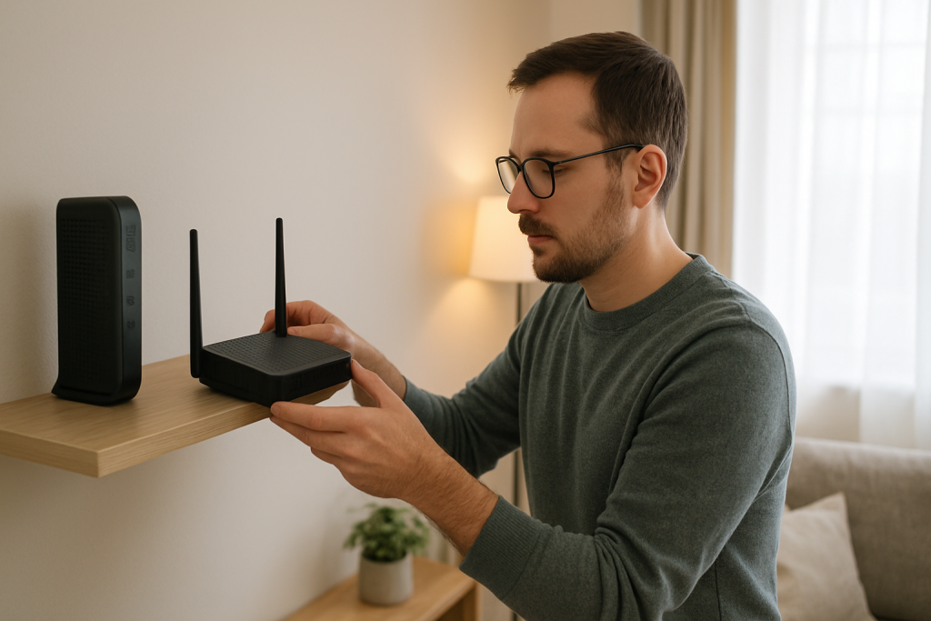 home network equipment modem router cables connected in living room