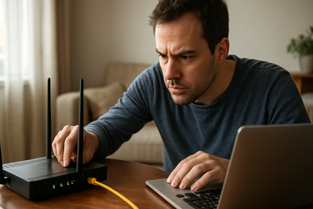 person examining router lights with laptop for network troubleshooting