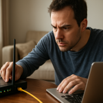 person examining router lights with laptop for network troubleshooting