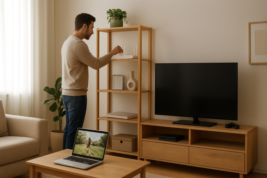 person adjusting home router while laptop streaming and game console nearby