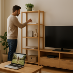person adjusting home router while laptop streaming and game console nearby