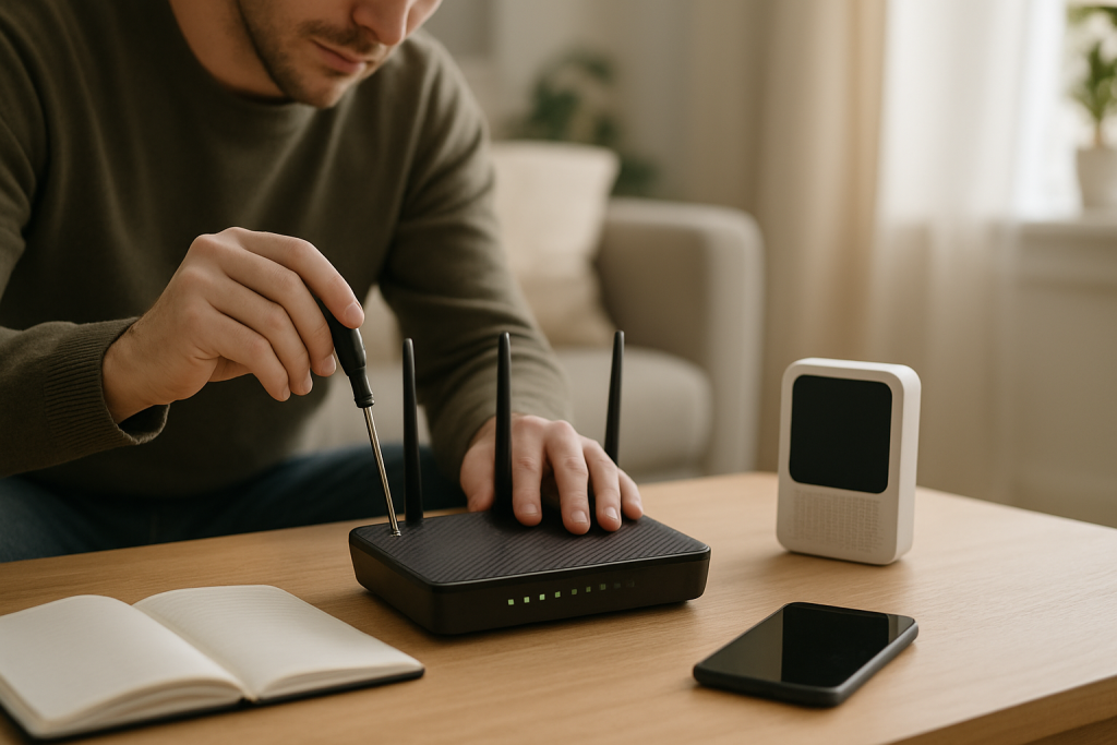 technician adjusting router settings near a smart device on a table