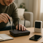 technician adjusting router settings near a smart device on a table