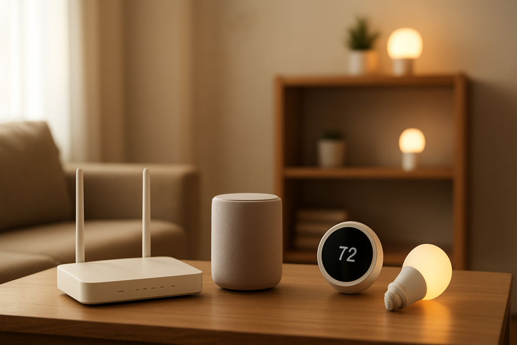 home router and smart devices on a living room table