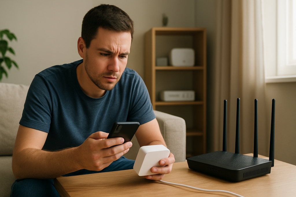 person troubleshooting home device near router and smartphone
