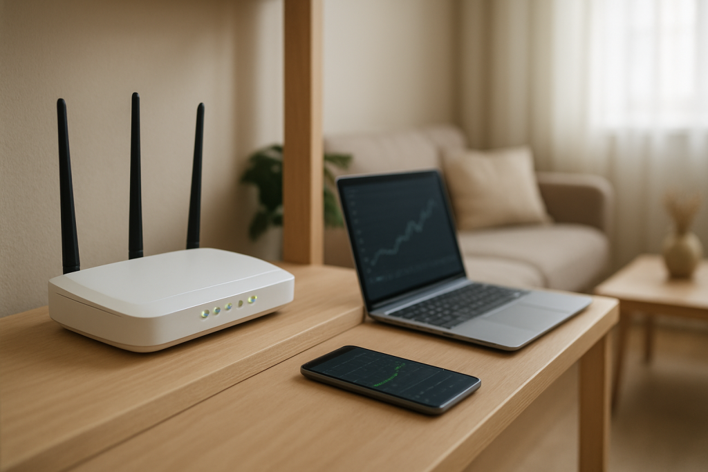 home router on shelf with blinking lights near living room devices