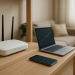 home router on shelf with blinking lights near living room devices