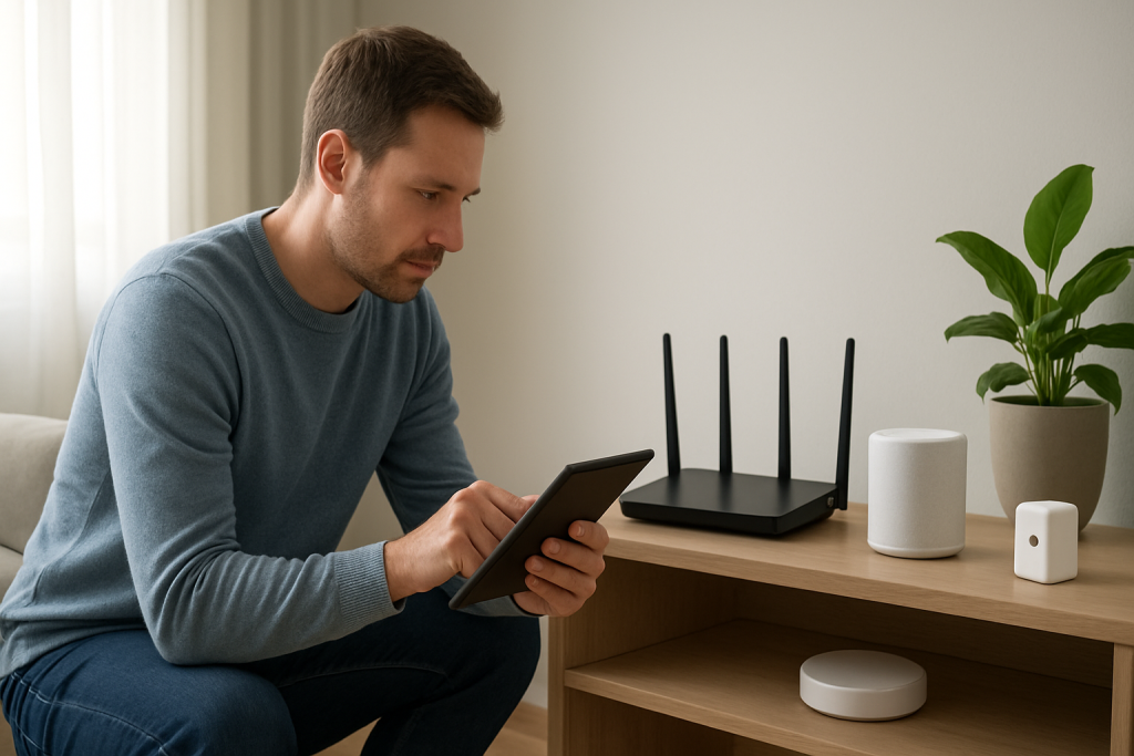Person troubleshooting home network router and smart devices in living room