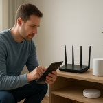 Person troubleshooting home network router and smart devices in living room