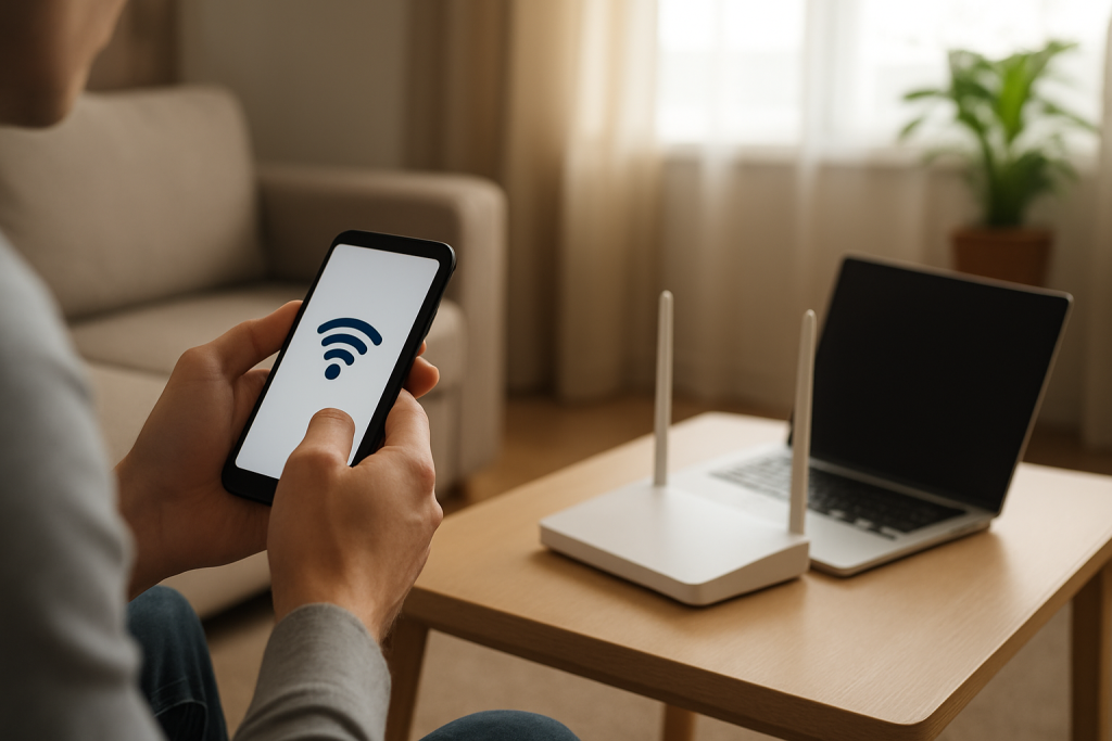 Person checking network settings on a smartphone near router and laptop