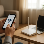 Person checking network settings on a smartphone near router and laptop