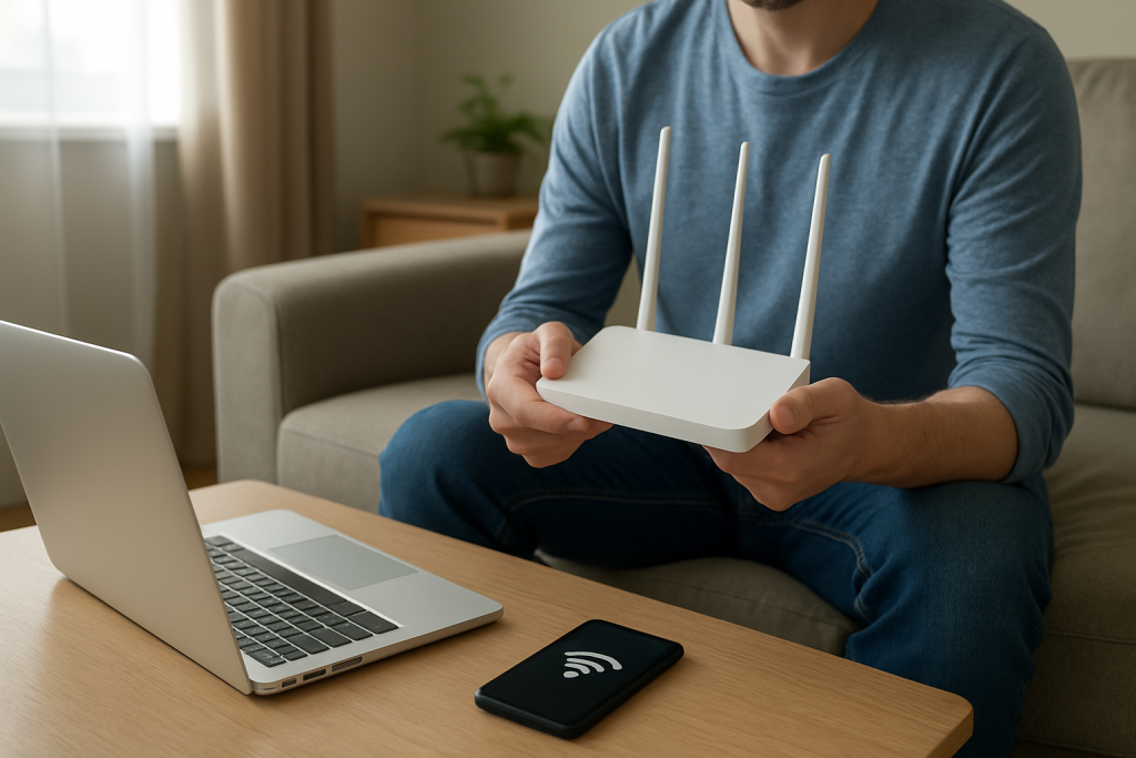 person checking home router and laptop in living room with ethernet cable