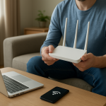 person checking home router and laptop in living room with ethernet cable